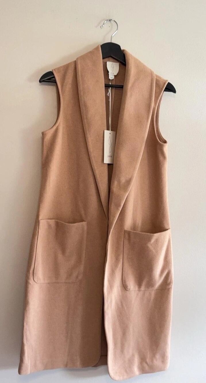 Joie Vest Womens XS Beige Long Sleeveless Open Front Shawl Collar Pockets NWT